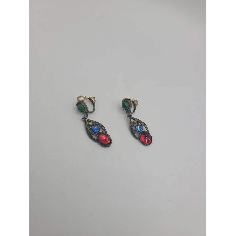 Vintage Multicolor Glass Cabochon Clip On Earrings Red Blue Green Gold Tone Dang
